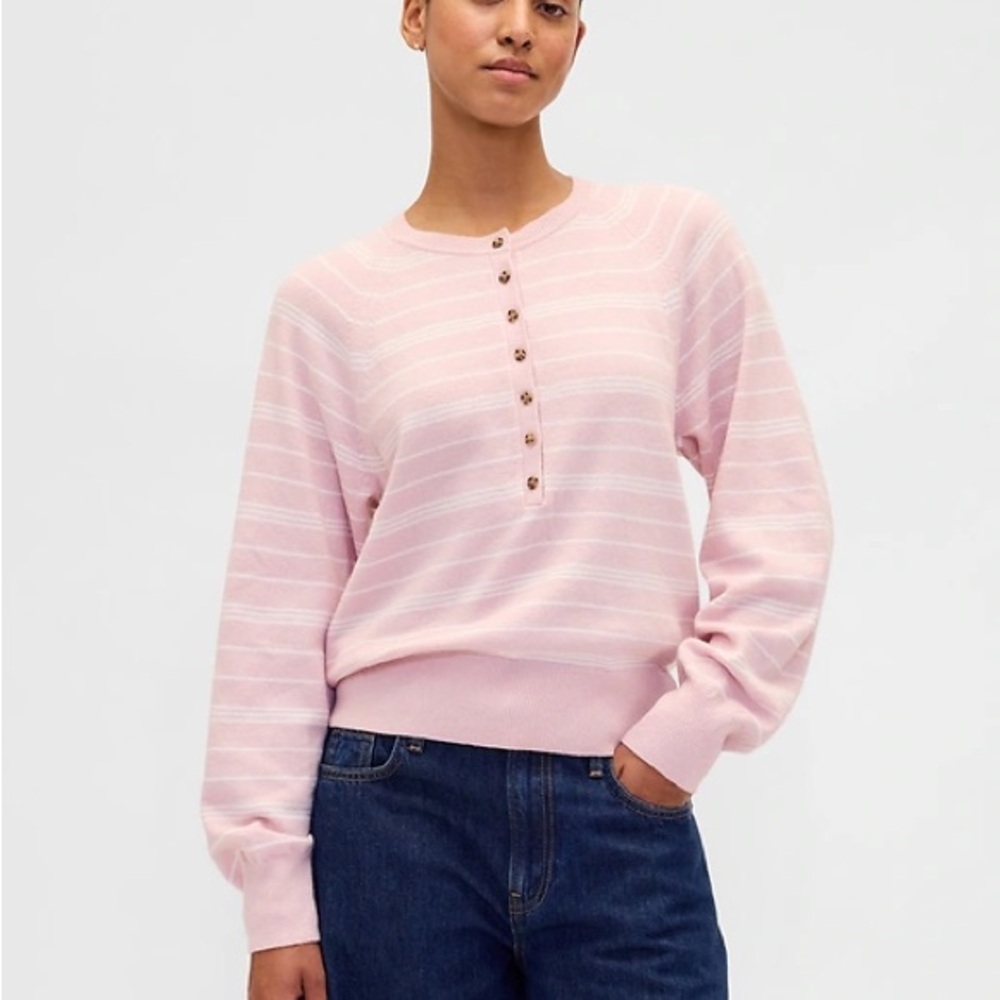 GAP Pink Striped Crewneck Henley Sweater